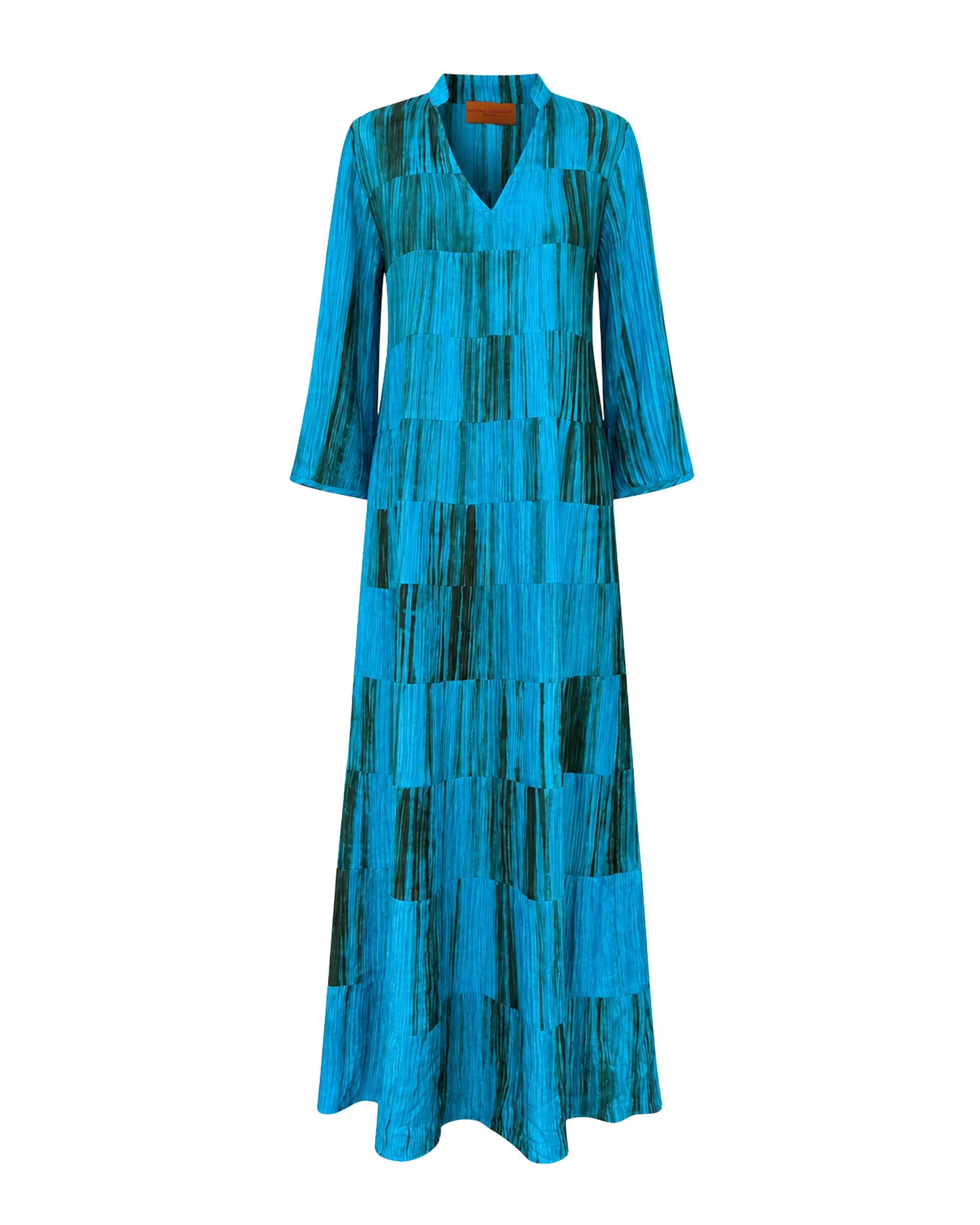 Marina Anouilh Britania Silk Dress Tiedye Cyan Olive in olive and cyan silk fluid silhouette