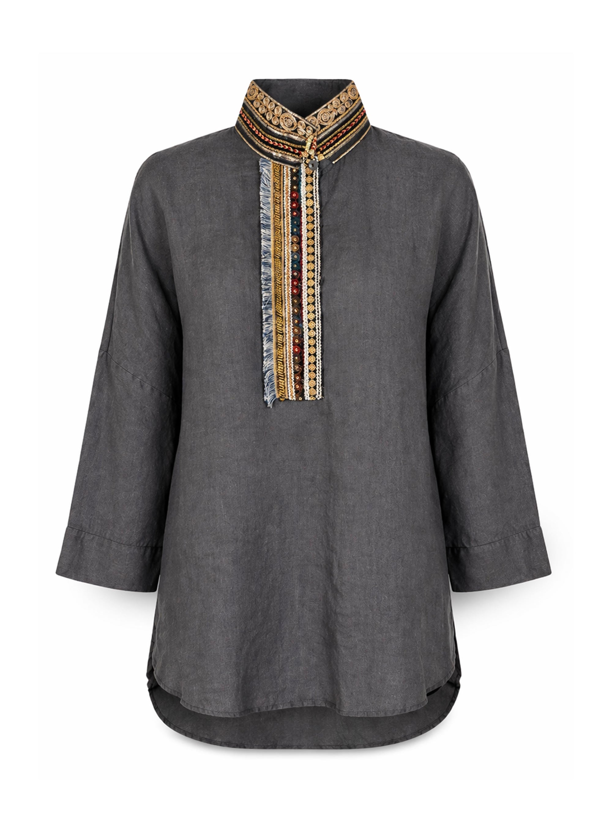 Marina Anouilh Dassios Linen Shirt Grey/Gold in gold and grey linen shirt