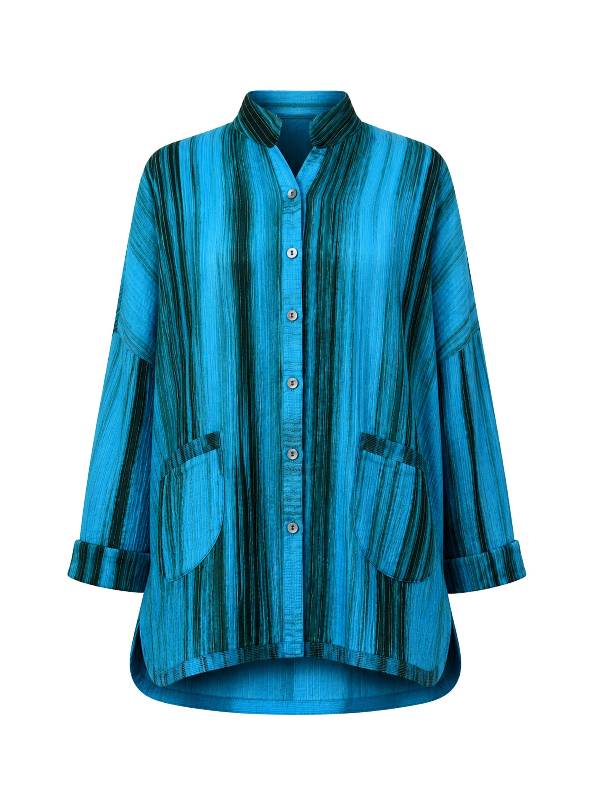 Marina Anouilh Gaby Padded Reversible Silk Jacket Tiedye Cyan Kaki in kaki and cyan silk