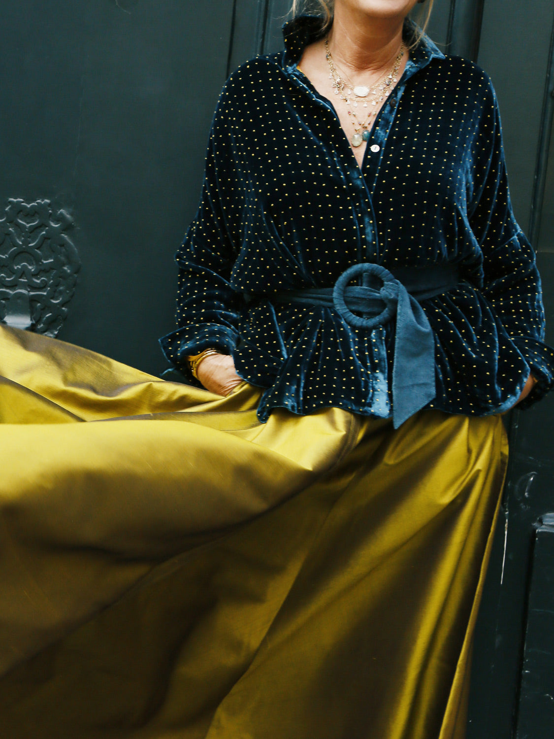 Gaby Padded Shirt Velvet Emerald with Mustard Dots