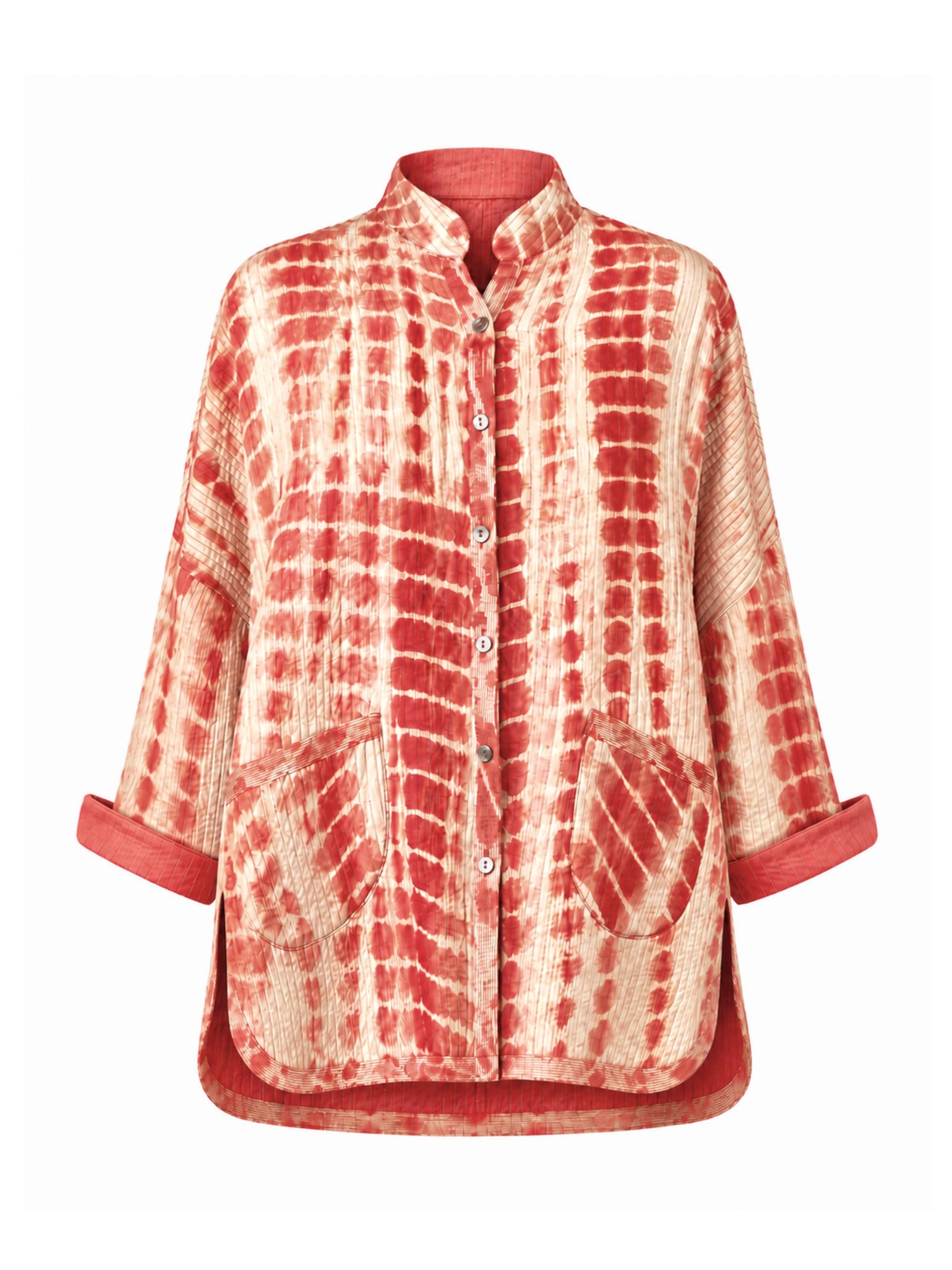 Marina Anouilh Gaby Padded Reversible Silk Jacket Tiedye Coral in coral silk padded shape jacket