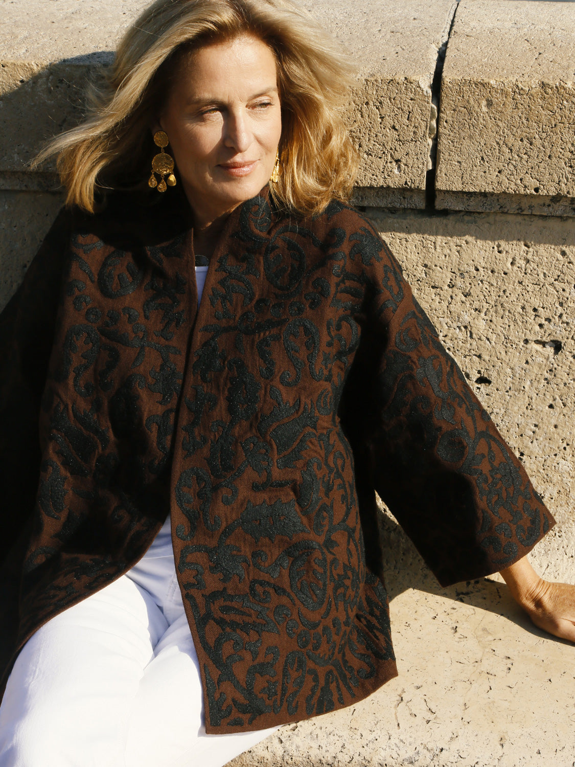 Gaia Herringbone Wool Jacket Black Suzani Embroidered