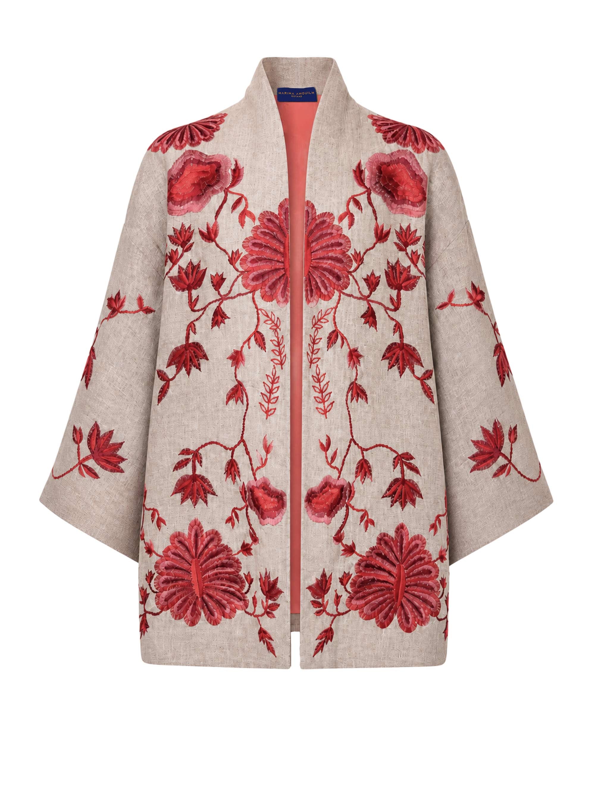 Marina Anouilh Gaia Linen Coral Embroidered Jacket in coral linen A-line silhouette jacket
