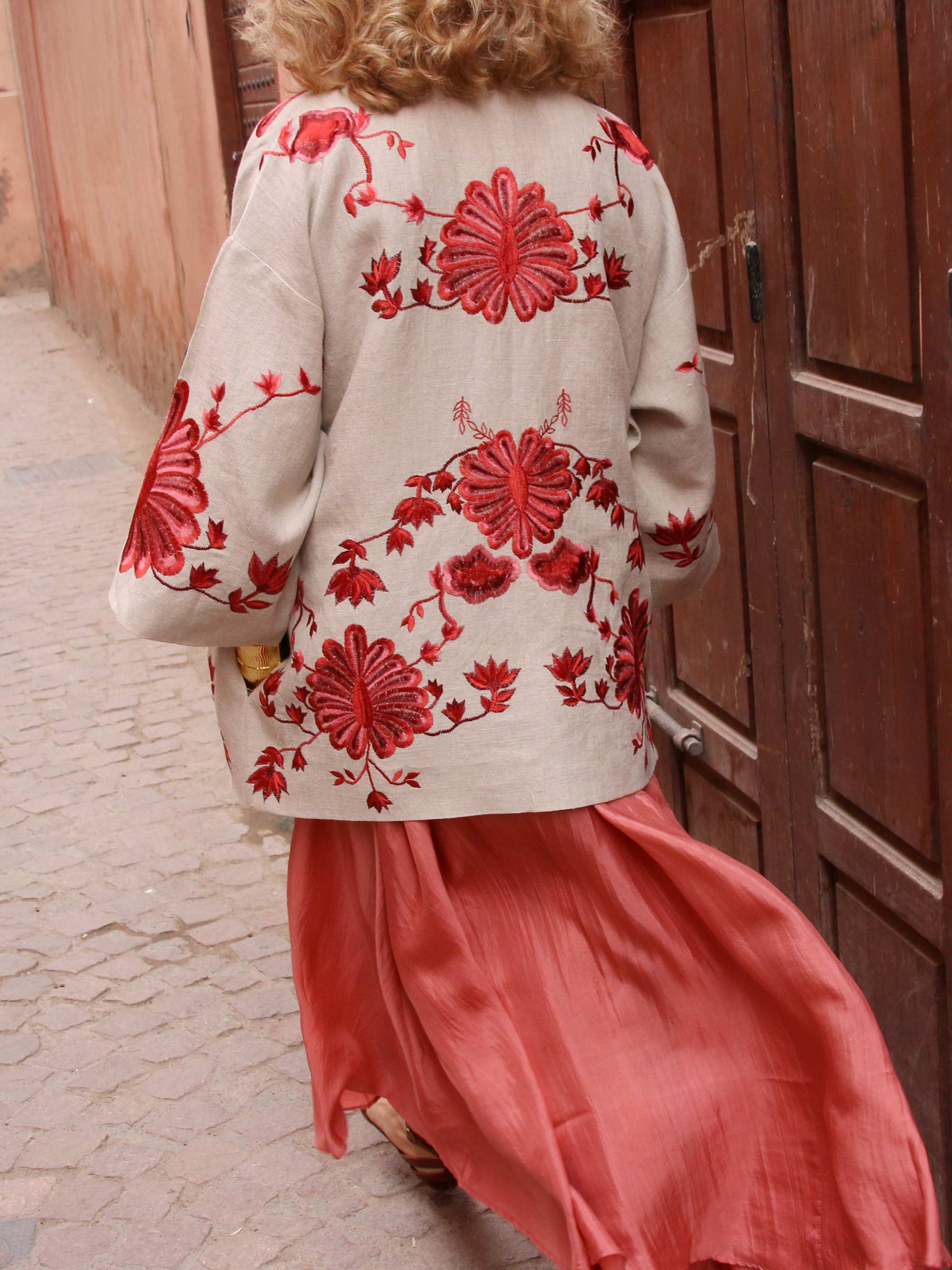 Gaia Linen Coral Embroidered Jacket