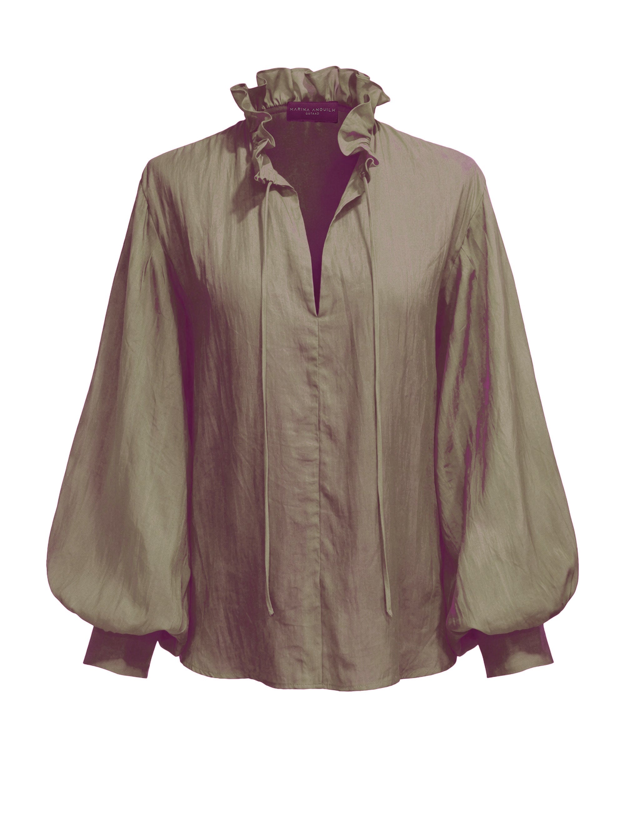 Marina Anouilh Holly Habotai Silk Shirt Olive in olive habotai silk blouse