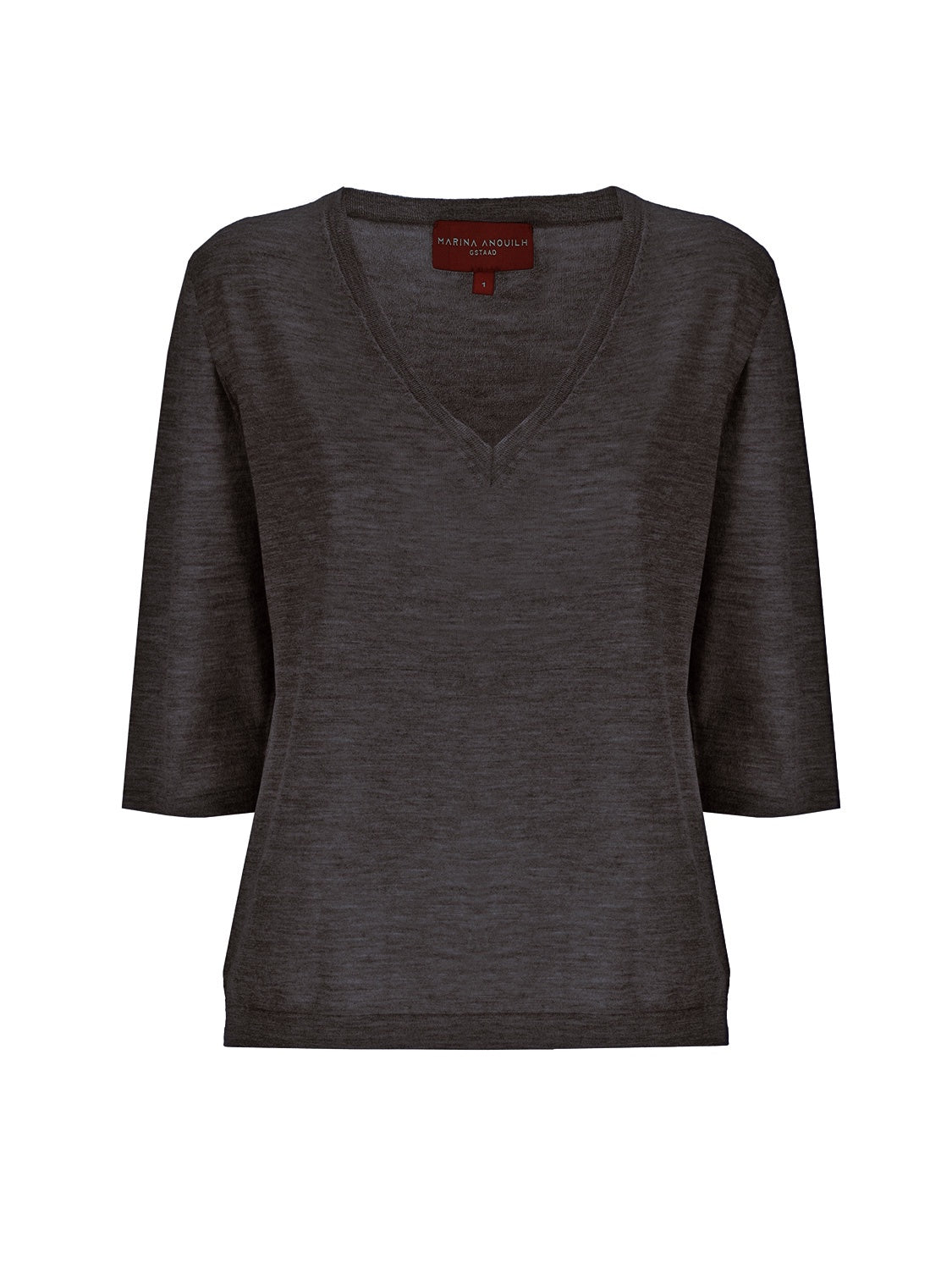 Indispensable Fine Cashmere Tshirt Vneck 3/4 Sleeves Dark Brown Shades
