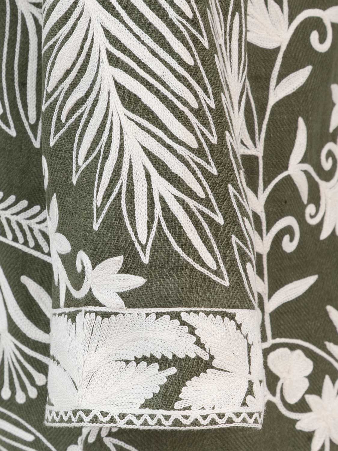 TAJ LINEN HERRINGBONE JACKET KAKI WHITE EMBROIDERY