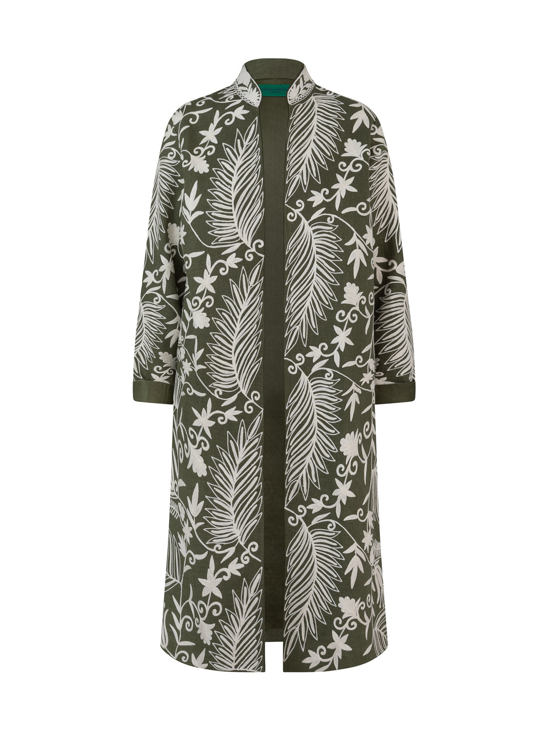 TAJ LINEN HERRINGBONE JACKET KAKI WHITE EMBROIDERY