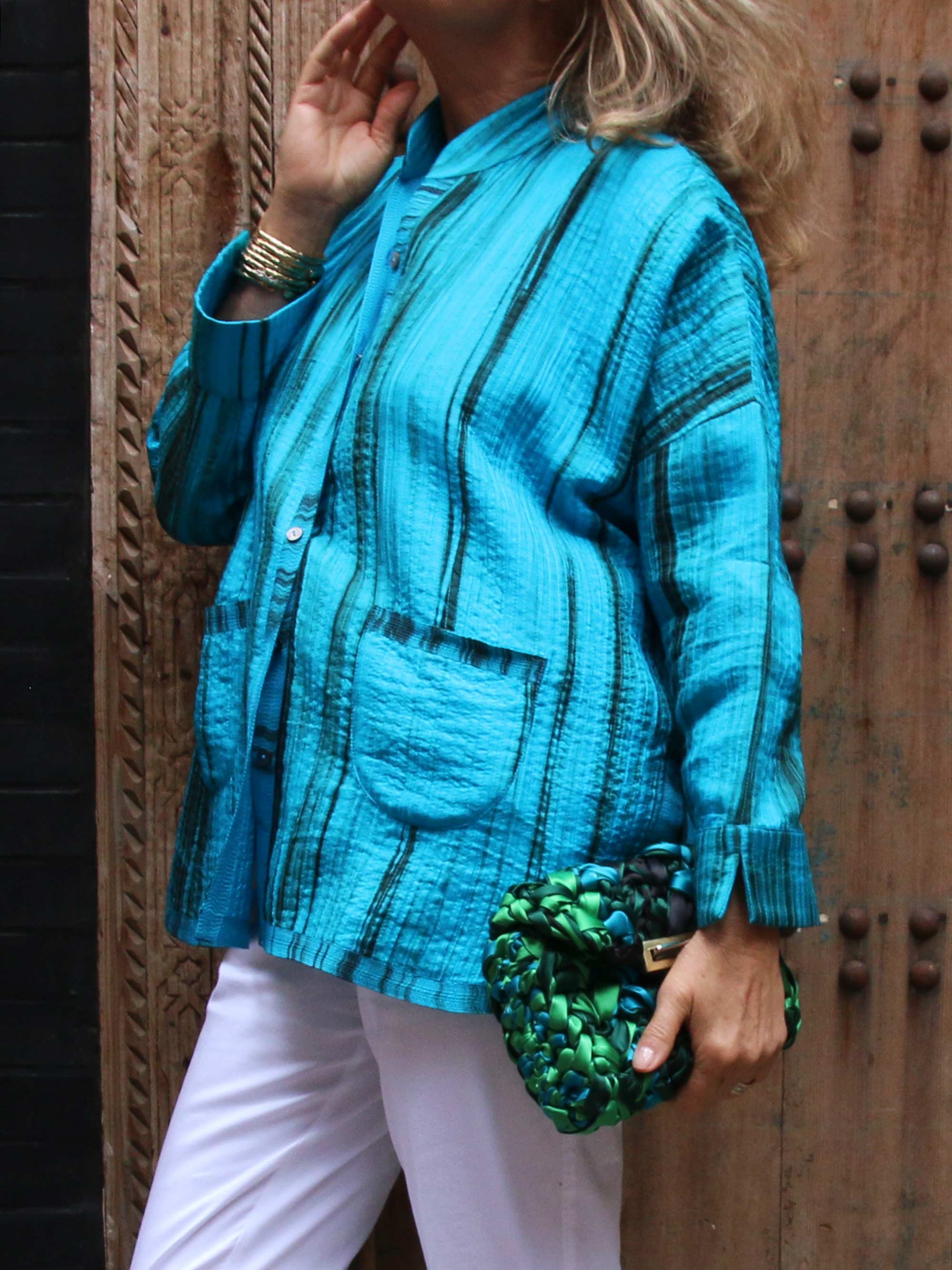 Gaby Padded Reversible Silk Jacket  Tiedye Cyan Kaki