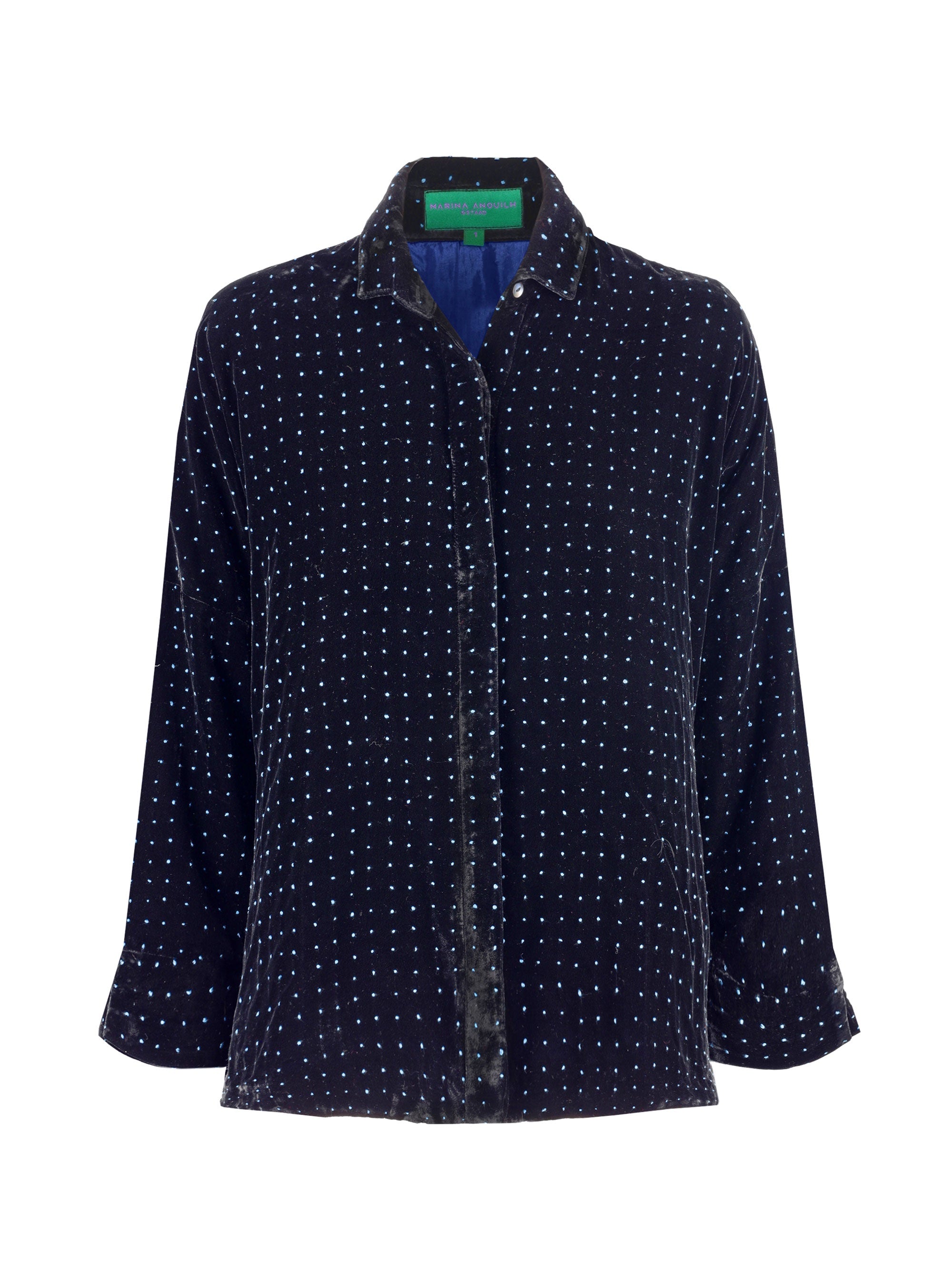 Gaby Padded Shirt Velvet Black with Cobalt Blue Dots