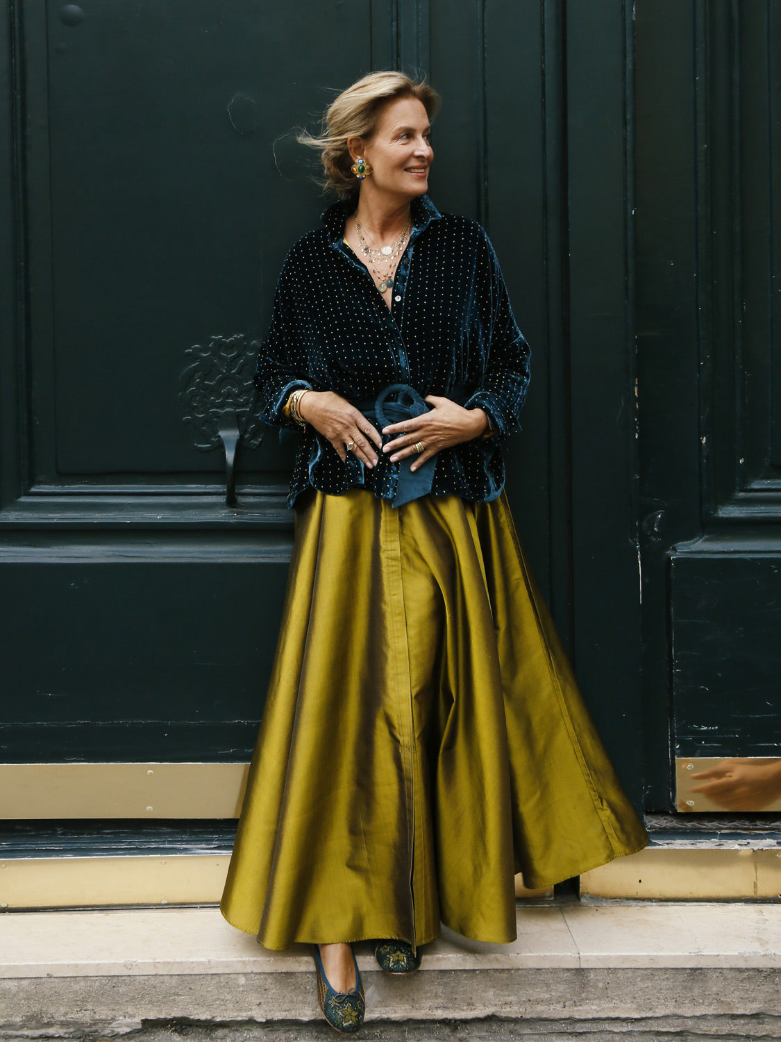 Gaby Padded Shirt Velvet Emerald with Mustard Dots