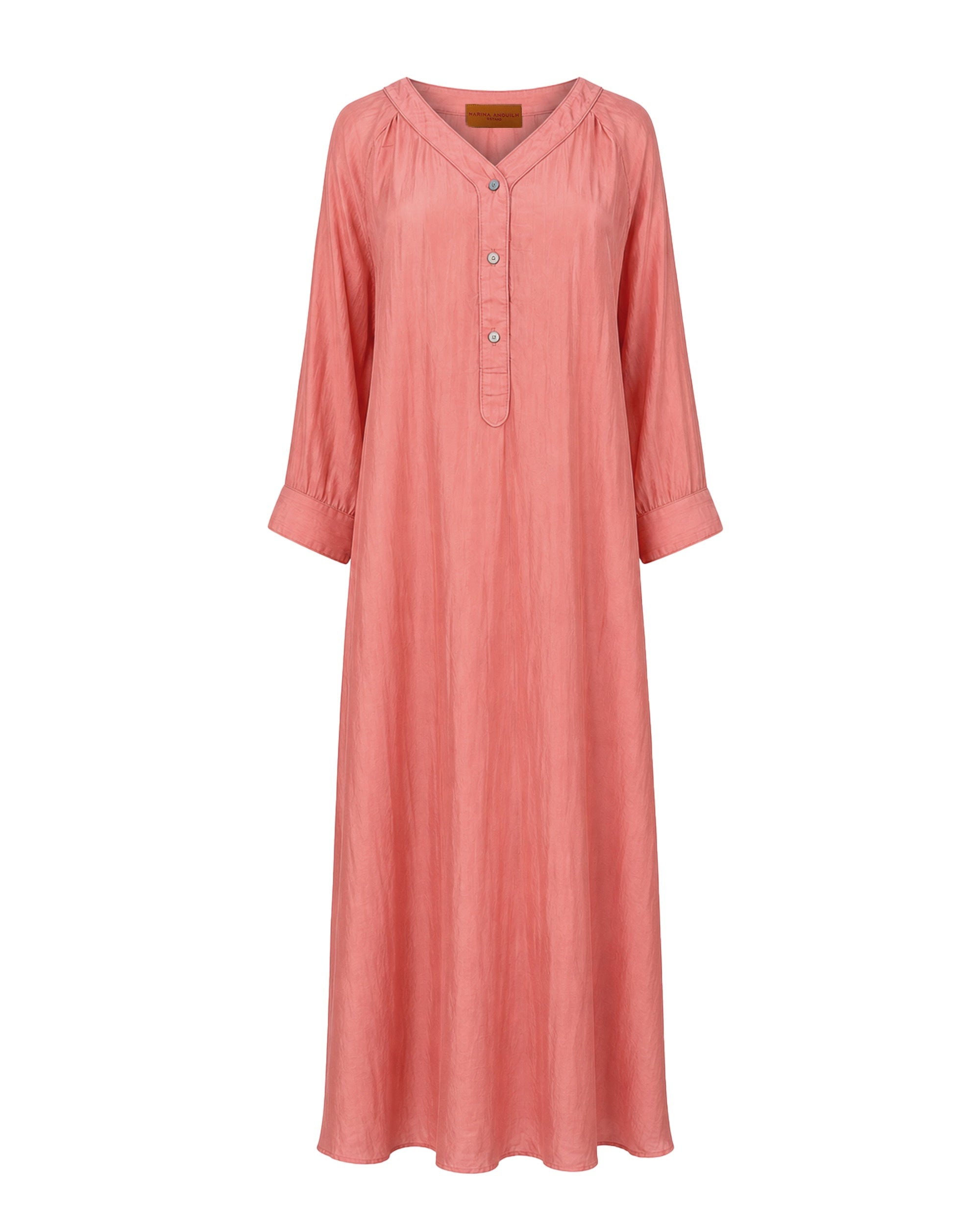Marina Anouilh Lotus Silk Dress Orange - Korean Neck in orange silk fluid silhouette dress