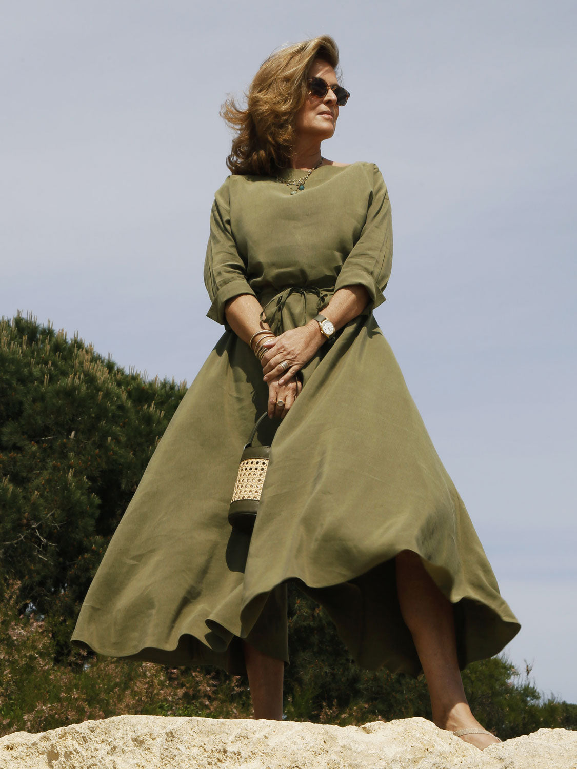 GINEVRA BOAT NECKLINE DRESS LINEN SILK LIME KAKI