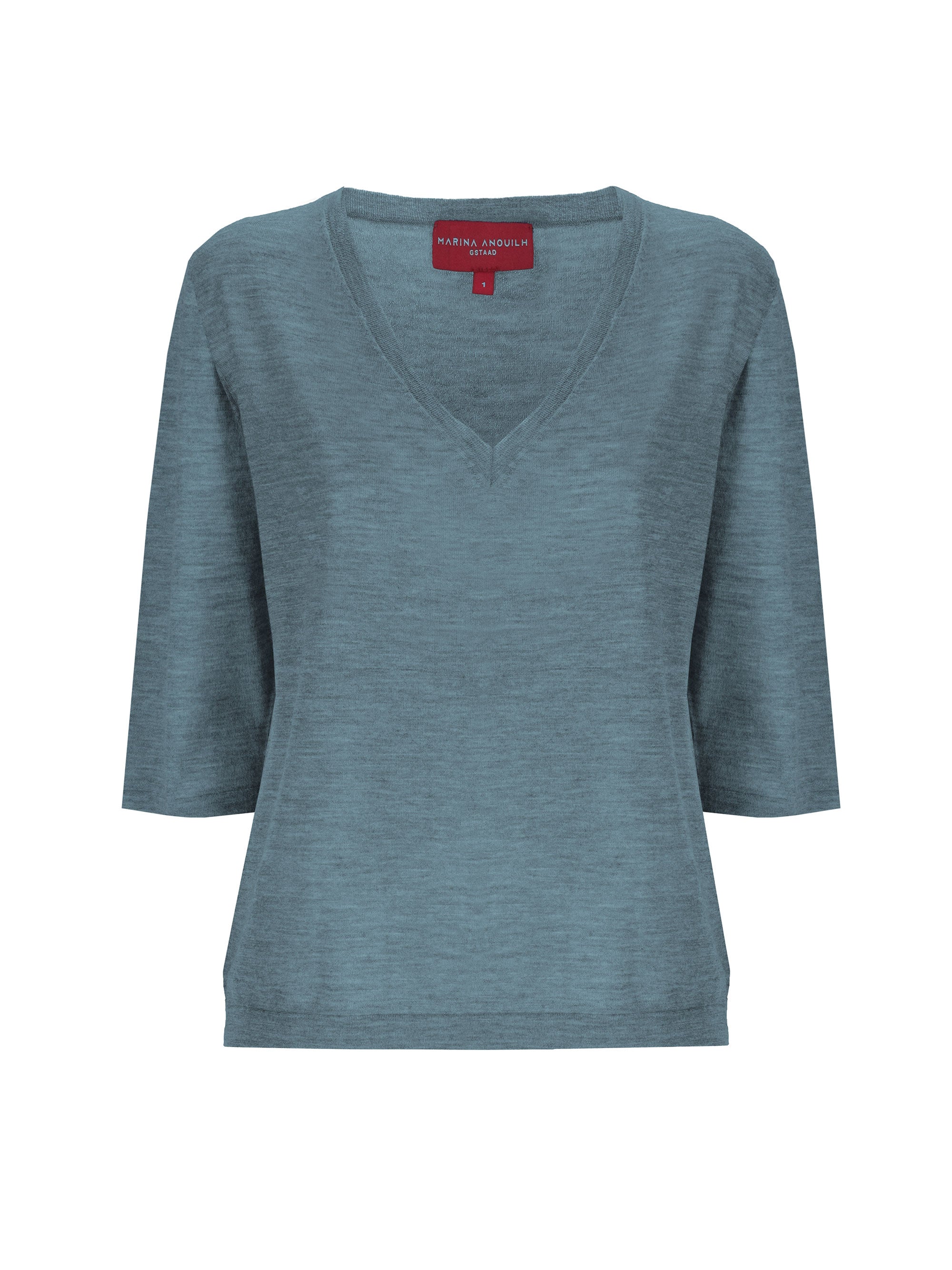 Indispensable Fine Cashmere Tshirt Vneck 3/4 Sleeves Denim Blue