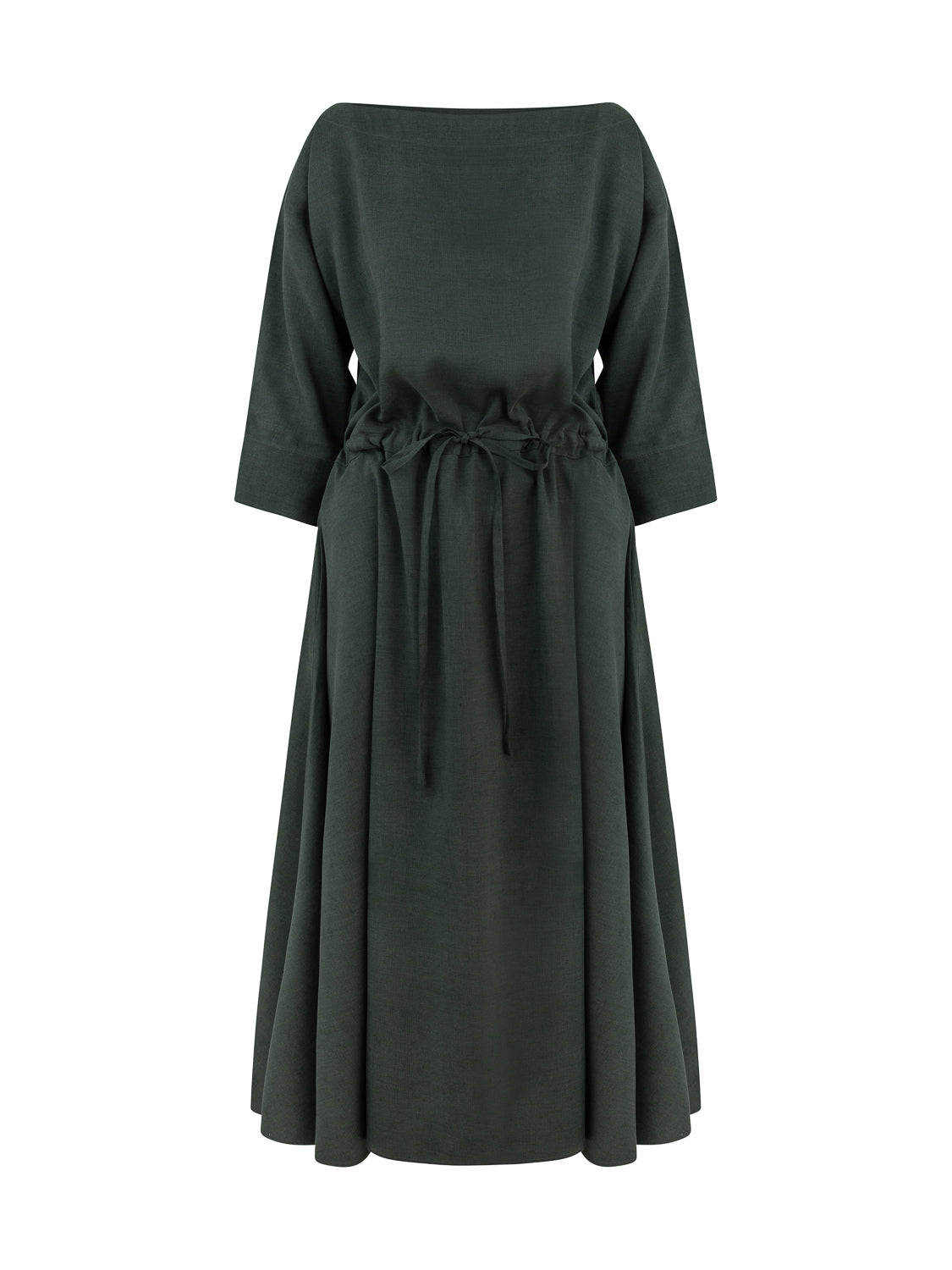 GINEVRA BOAT NECKLINE DRESS LINEN SILK DARK GREEN